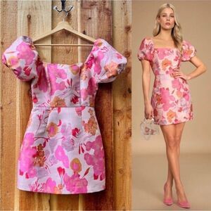 Pink and Orange Multi Floral Jacquard Puff Sleeve Mini Dress